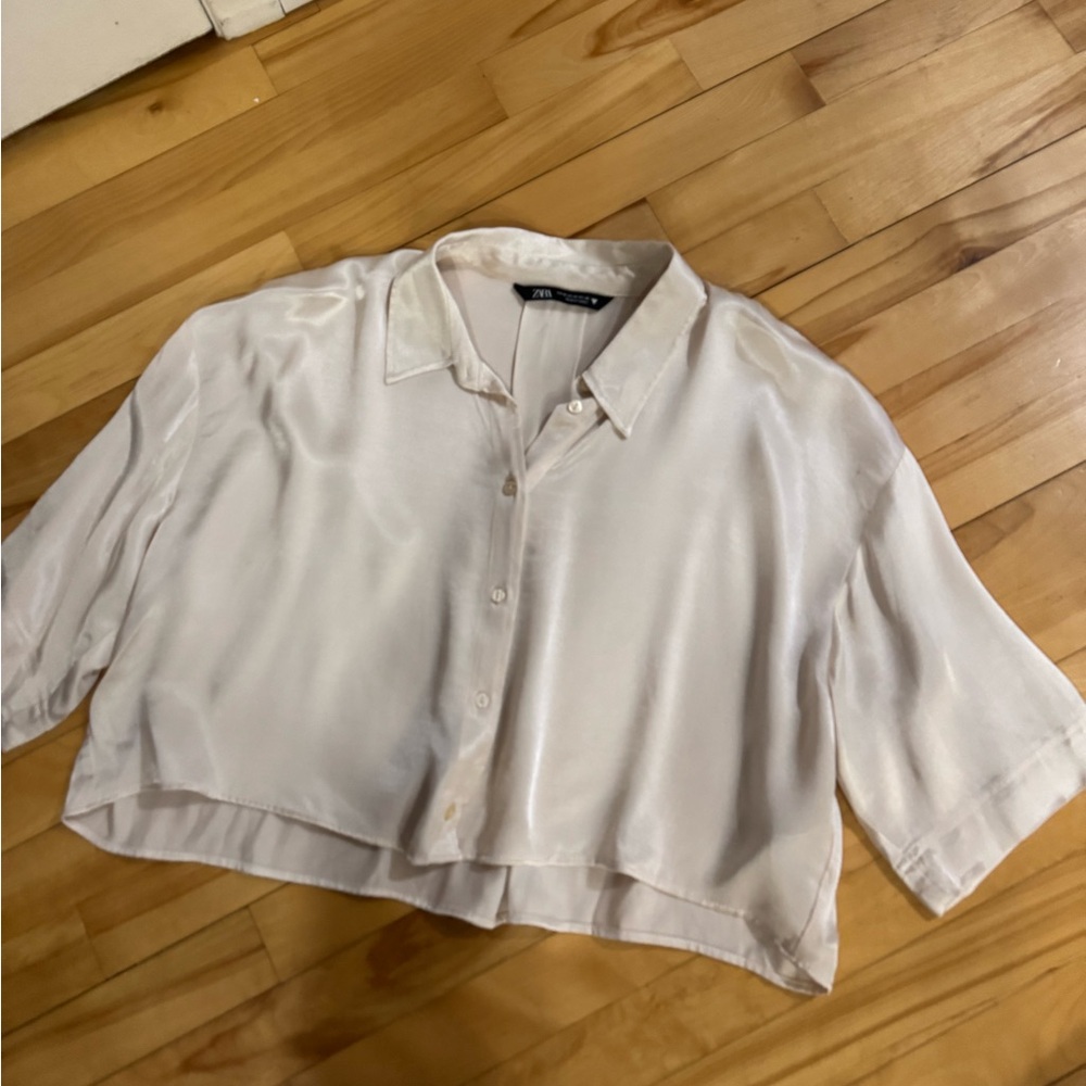 Zara Tan Gold Cropped Button Down Shirt